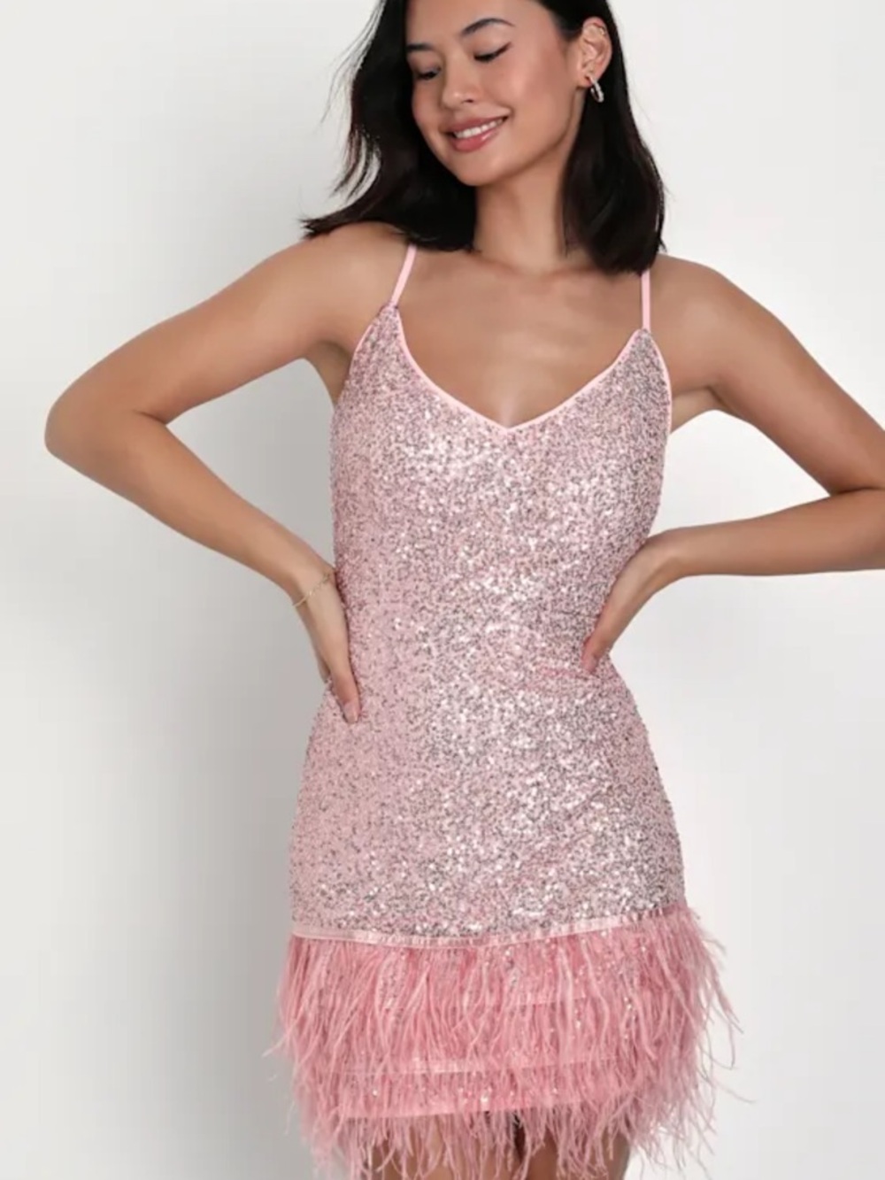 NWOT Lulu's Rose Pink Sequin Feather Mini Dress